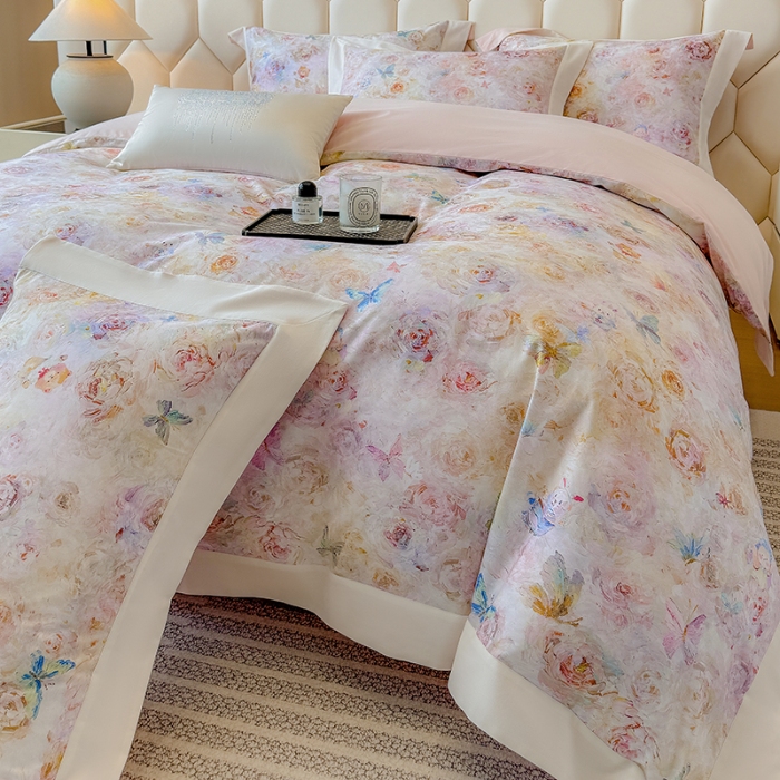 91家纺网 家纺一手货源 找家纺 高档礼盒装50*50S贡缎长绒棉数码印花四件套100%纯棉磨毛加厚全棉床单床笠款量大价优 维密粉-莫奈花园-A类100%加厚纯棉磨