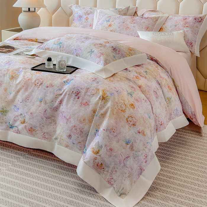 91家纺网 家纺一手货源 找家纺 高档礼盒装50*50S贡缎长绒棉数码印花四件套100%纯棉磨毛加厚全棉床单床笠款量大价优 维密粉-莫奈花园-A类100%加厚纯棉磨