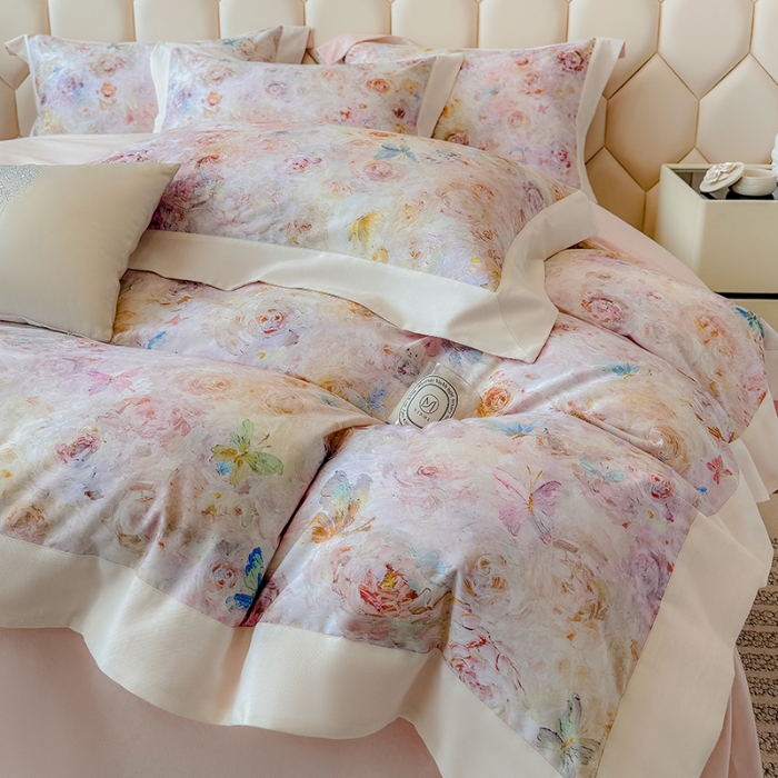 91家纺网 家纺一手货源 找家纺 高档礼盒装50*50S贡缎长绒棉数码印花四件套100%纯棉磨毛加厚全棉床单床笠款量大价优 维密粉-莫奈花园-A类100%加厚纯棉磨