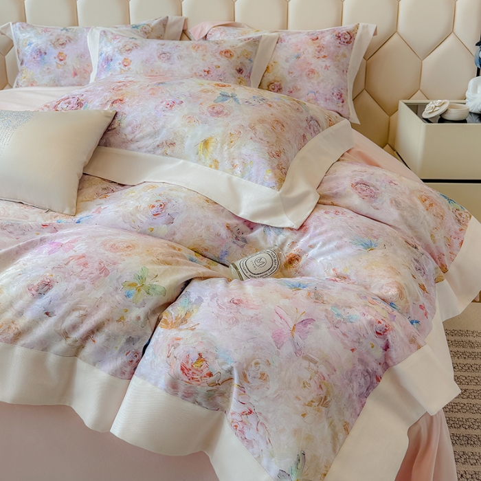 91家纺网 家纺一手货源 找家纺 高档礼盒装50*50S贡缎长绒棉数码印花四件套100%纯棉磨毛加厚全棉床单床笠款量大价优 维密粉-莫奈花园-A类100%加厚纯棉磨