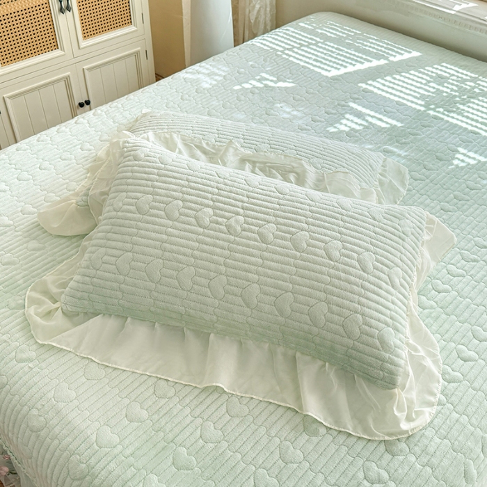 91家纺网 家纺一手货源 找家纺 漫布云2025秋冬新款11斤230g全消光牛奶绒夹棉床盖款四件套纯色蕾丝花边刺绣床裙款床盖 花韵-新芽绿 