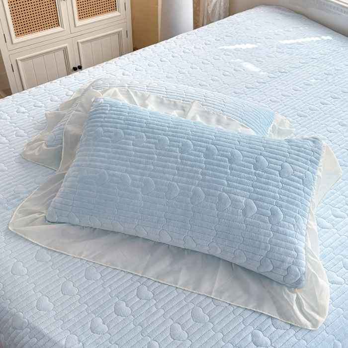 91家纺网 家纺一手货源 找家纺 漫布云2025秋冬新款11斤230g全消光牛奶绒夹棉床盖款四件套纯色蕾丝花边刺绣床裙款床盖 花韵-婴儿蓝