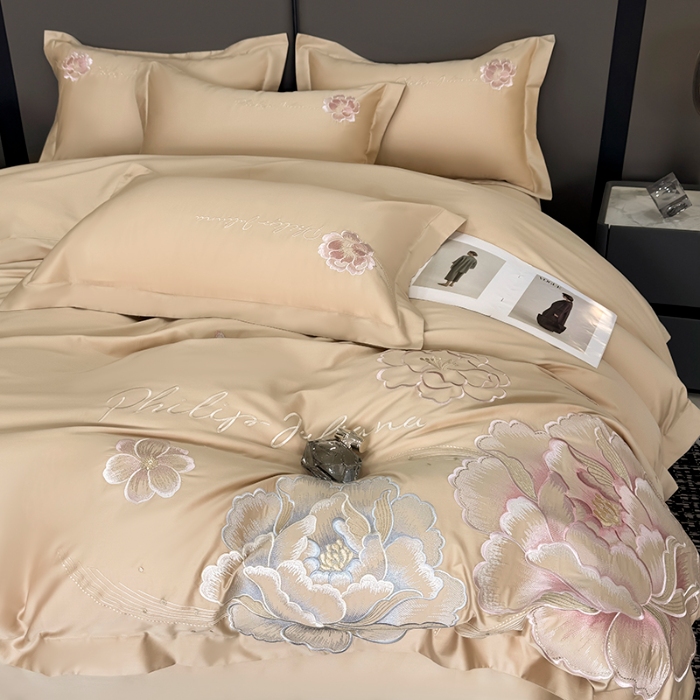 91家纺网 家纺一手货源 找家纺 （总）2025新款长绒棉全棉刺绣轻奢四件套--花开富贵 