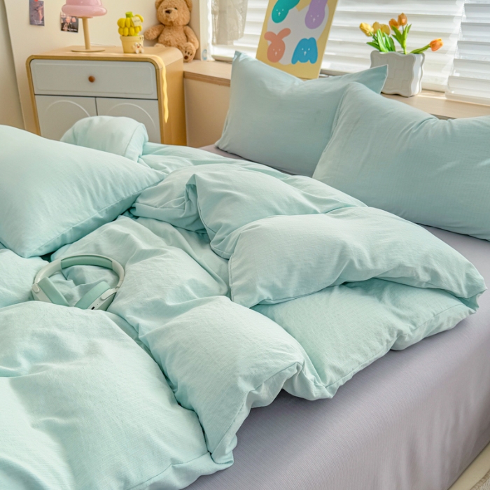 91家纺网 家纺一手货源 找家纺 2026新款苏东来家纺外贸出口跨境韩国提花棉四件套高端超柔手感超好（长期做，十年不换款） T水绿+T灰色