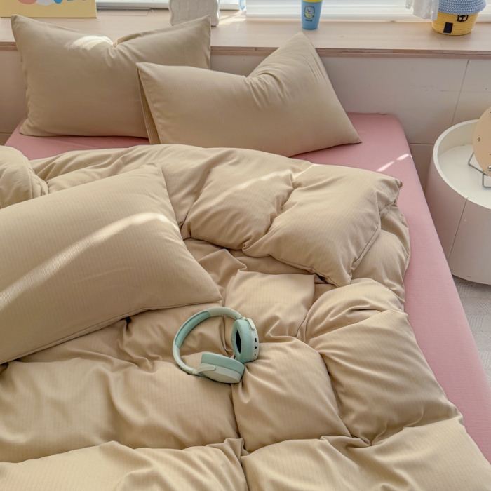 91家纺网 家纺一手货源 找家纺 2026新款苏东来家纺外贸出口跨境韩国提花棉四件套高端超柔手感超好（长期做，十年不换款） T卡其+T粉色