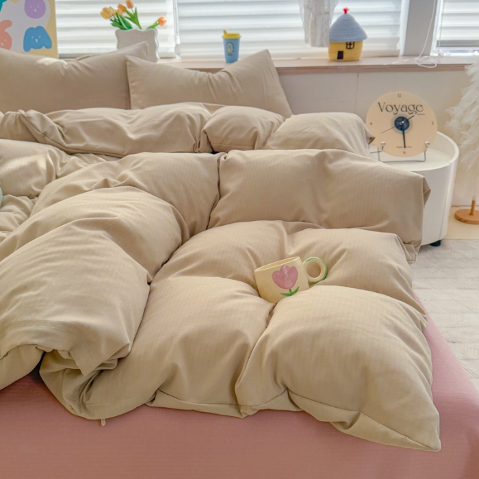 91家纺网 家纺一手货源 找家纺 2026新款苏东来家纺外贸出口跨境韩国提花棉四件套高端超柔手感超好（长期做，十年不换款） T卡其+T粉色