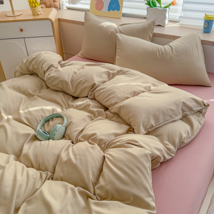 91家纺网 家纺一手货源 找家纺 2026新款苏东来家纺外贸出口跨境韩国提花棉四件套高端超柔手感超好（长期做，十年不换款） T卡其+T粉色