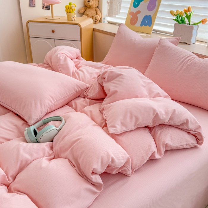 91家纺网 家纺一手货源 找家纺 2026新款苏东来家纺外贸出口跨境韩国提花棉四件套高端超柔手感超好（长期做，十年不换款） T粉色