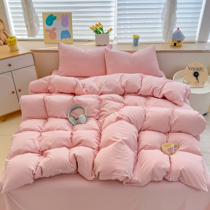 91家纺网 家纺一手货源 找家纺 2026新款苏东来家纺外贸出口跨境韩国提花棉四件套高端超柔手感超好（长期做，十年不换款） T粉色