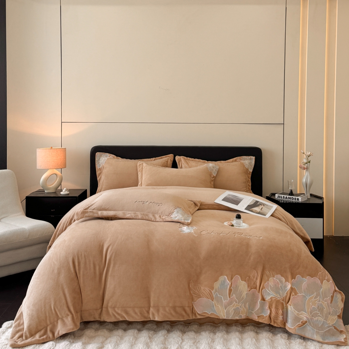 91家纺网 家纺一手货源 找家纺 （总）2025新款牛奶绒刺绣工艺高克重四件套-安娜