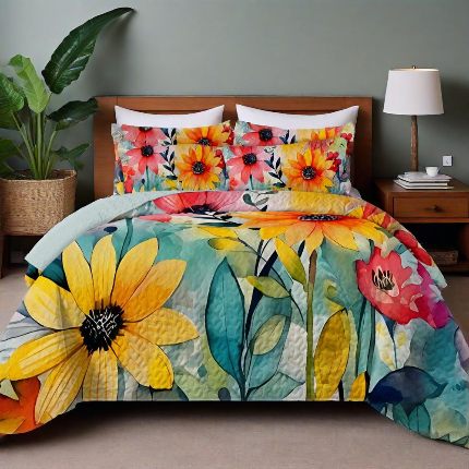 91家纺网 家纺一手货源 找家纺 跨境专供 2025新款四季通用床可水洗夹棉数码印花绗缝床盖绗缝被