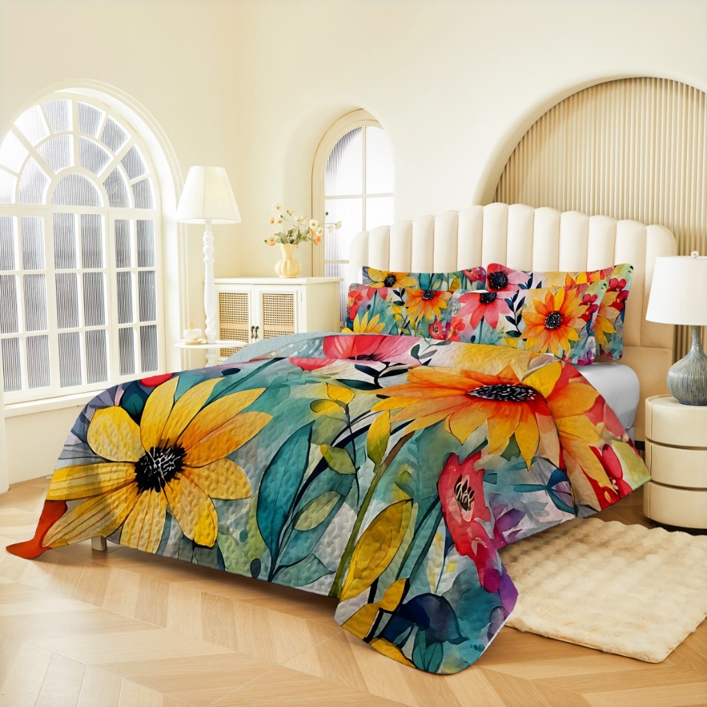 91家纺网 家纺一手货源 找家纺 跨境专供 2025新款四季通用床可水洗夹棉数码印花绗缝床盖绗缝被