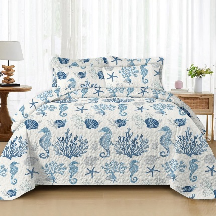 91家纺网 家纺一手货源 找家纺 跨境专供 2025新款四季通用床可水洗夹棉印花绗缝床盖绗缝被