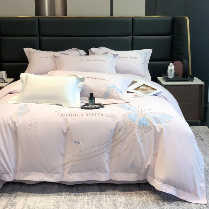 91家纺网 家纺一手货源 找家纺 高档礼盒装超细旦超柔长绒棉磨毛刺绣四件套秋冬加厚100%纯棉全棉床品 绮蝶-木槿紫-A类超细旦长绒棉磨毛