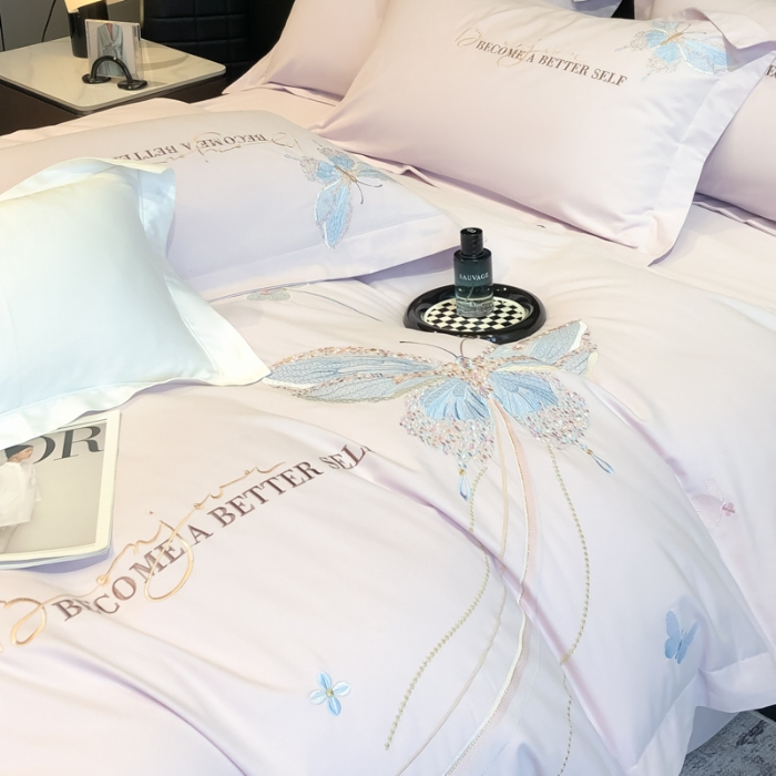 91家纺网 家纺一手货源 找家纺 高档礼盒装超细旦超柔长绒棉磨毛刺绣四件套秋冬加厚100%纯棉全棉床品 绮蝶-木槿紫-A类超细旦长绒棉磨毛