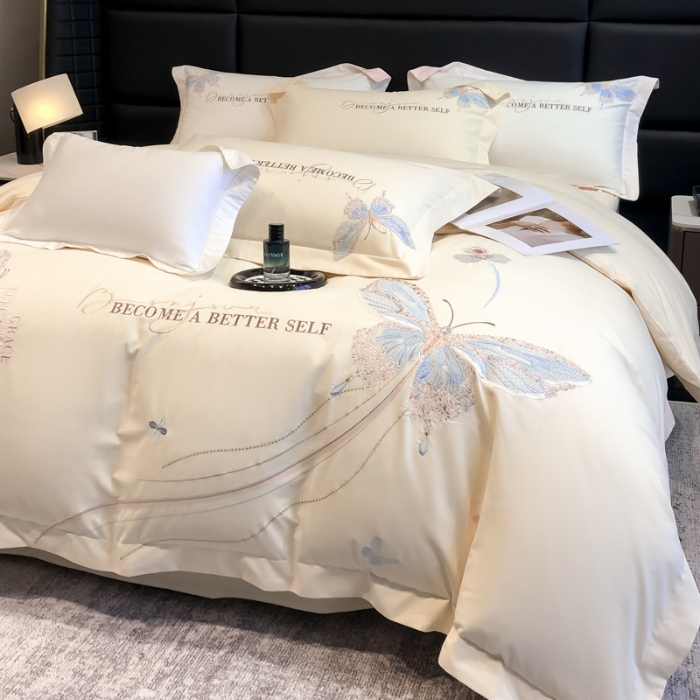 91家纺网 家纺一手货源 找家纺 高档礼盒装超细旦超柔长绒棉磨毛刺绣四件套秋冬加厚100%纯棉全棉床品 绮蝶-奶茶杏-A类超细旦长绒棉磨毛