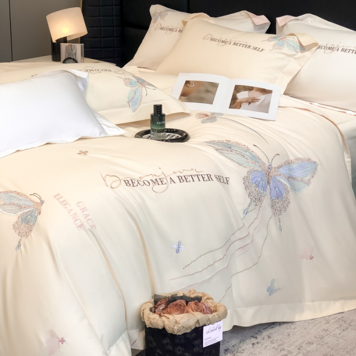 91家纺网 家纺一手货源 找家纺 高档礼盒装超细旦超柔长绒棉磨毛刺绣四件套秋冬加厚100%纯棉全棉床品 绮蝶-奶茶杏-A类超细旦长绒棉磨毛