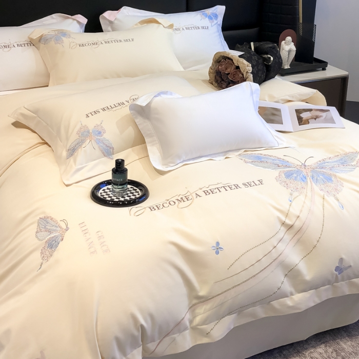 91家纺网 家纺一手货源 找家纺 高档礼盒装超细旦超柔长绒棉磨毛刺绣四件套秋冬加厚100%纯棉全棉床品 绮蝶-奶茶杏-A类超细旦长绒棉磨毛