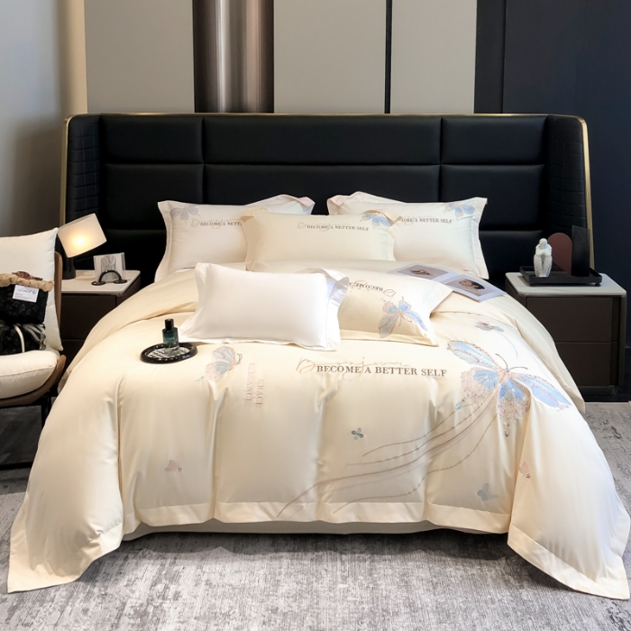 91家纺网 家纺一手货源 找家纺 高档礼盒装超细旦超柔长绒棉磨毛刺绣四件套秋冬加厚100%纯棉全棉床品 绮蝶-奶茶杏-A类超细旦长绒棉磨毛