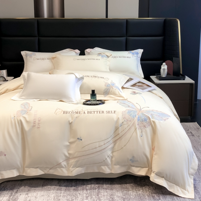 91家纺网 家纺一手货源 找家纺 高档礼盒装超细旦超柔长绒棉磨毛刺绣四件套秋冬加厚100%纯棉全棉床品 绮蝶-奶茶杏-A类超细旦长绒棉磨毛