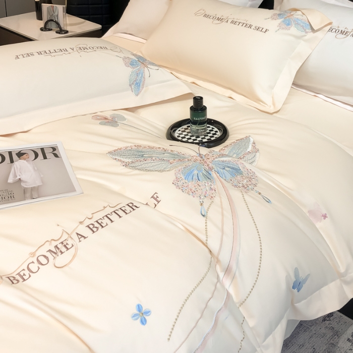 91家纺网 家纺一手货源 找家纺 高档礼盒装超细旦超柔长绒棉磨毛刺绣四件套秋冬加厚100%纯棉全棉床品 绮蝶-奶茶杏-A类超细旦长绒棉磨毛