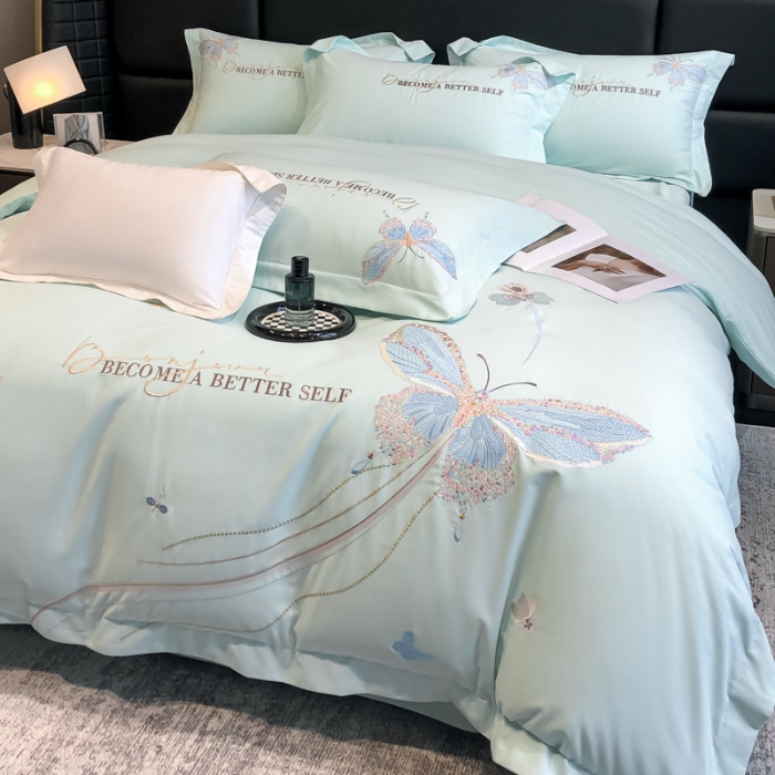 91家纺网 家纺一手货源 找家纺 高档礼盒装超细旦超柔长绒棉磨毛刺绣四件套秋冬加厚100%纯棉全棉床品 绮蝶-淡湖绿-A类超细旦长绒棉磨毛