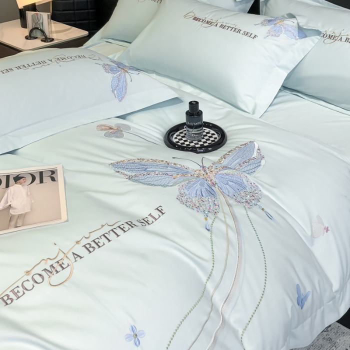 91家纺网 家纺一手货源 找家纺 高档礼盒装超细旦超柔长绒棉磨毛刺绣四件套秋冬加厚100%纯棉全棉床品 绮蝶-淡湖绿-A类超细旦长绒棉磨毛