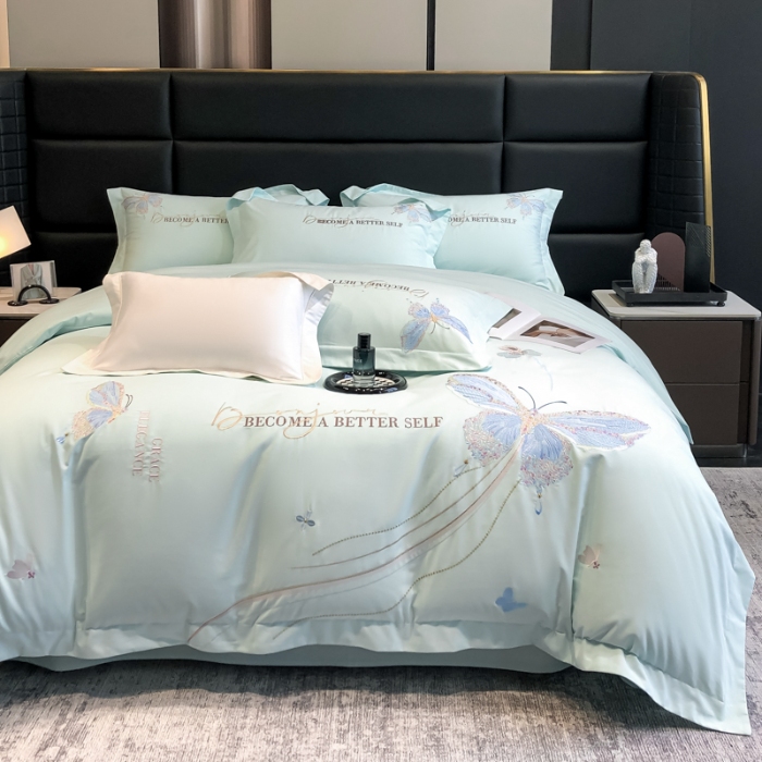 91家纺网 家纺一手货源 找家纺 高档礼盒装超细旦超柔长绒棉磨毛刺绣四件套秋冬加厚100%纯棉全棉床品 绮蝶-淡湖绿-A类超细旦长绒棉磨毛