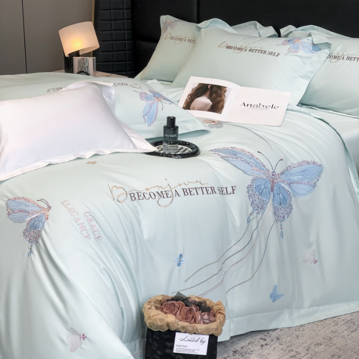 91家纺网 家纺一手货源 找家纺 高档礼盒装超细旦超柔长绒棉磨毛刺绣四件套秋冬加厚100%纯棉全棉床品 绮蝶-淡湖绿-A类超细旦长绒棉磨毛