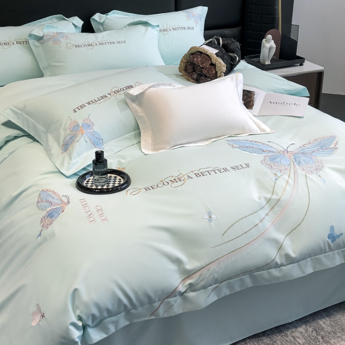 91家纺网 家纺一手货源 找家纺 高档礼盒装超细旦超柔长绒棉磨毛刺绣四件套秋冬加厚100%纯棉全棉床品 绮蝶-淡湖绿-A类超细旦长绒棉磨毛