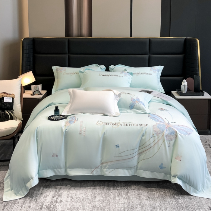 91家纺网 家纺一手货源 找家纺 高档礼盒装超细旦超柔长绒棉磨毛刺绣四件套秋冬加厚100%纯棉全棉床品 绮蝶-淡湖绿-A类超细旦长绒棉磨毛