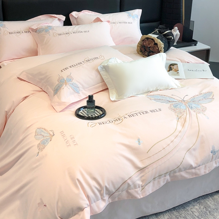 91家纺网 家纺一手货源 找家纺 高档礼盒装超细旦超柔长绒棉磨毛刺绣四件套秋冬加厚100%纯棉全棉床品 绮蝶-心动粉-A类超细旦长绒棉磨毛