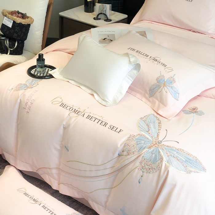 91家纺网 家纺一手货源 找家纺 高档礼盒装超细旦超柔长绒棉磨毛刺绣四件套秋冬加厚100%纯棉全棉床品 绮蝶-心动粉-A类超细旦长绒棉磨毛