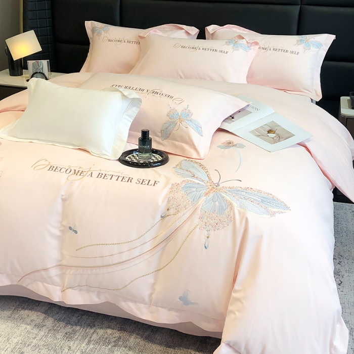 91家纺网 家纺一手货源 找家纺 高档礼盒装超细旦超柔长绒棉磨毛刺绣四件套秋冬加厚100%纯棉全棉床品 绮蝶-心动粉-A类超细旦长绒棉磨毛