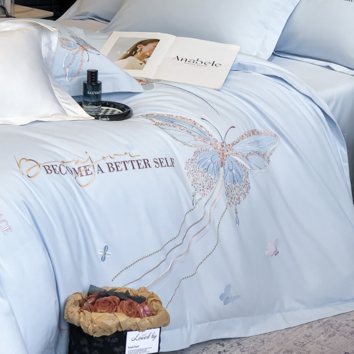 91家纺网 家纺一手货源 找家纺 高档礼盒装超细旦超柔长绒棉磨毛刺绣四件套秋冬加厚100%纯棉全棉床品 绮蝶-祖玛蓝-A类超细旦长绒棉磨毛