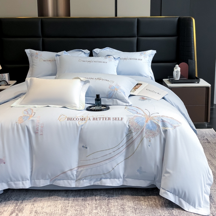 91家纺网 家纺一手货源 找家纺 高档礼盒装超细旦超柔长绒棉磨毛刺绣四件套秋冬加厚100%纯棉全棉床品 绮蝶-祖玛蓝-A类超细旦长绒棉磨毛