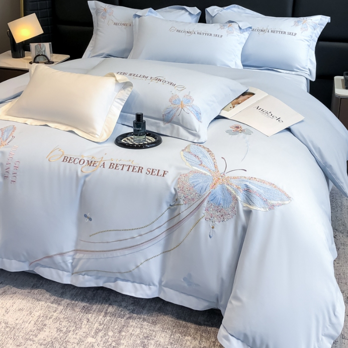 91家纺网 家纺一手货源 找家纺 高档礼盒装超细旦超柔长绒棉磨毛刺绣四件套秋冬加厚100%纯棉全棉床品 绮蝶-祖玛蓝-A类超细旦长绒棉磨毛