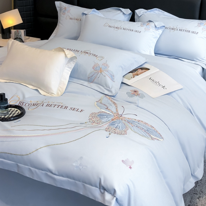 91家纺网 家纺一手货源 找家纺 高档礼盒装超细旦超柔长绒棉磨毛刺绣四件套秋冬加厚100%纯棉全棉床品 绮蝶-祖玛蓝-A类超细旦长绒棉磨毛