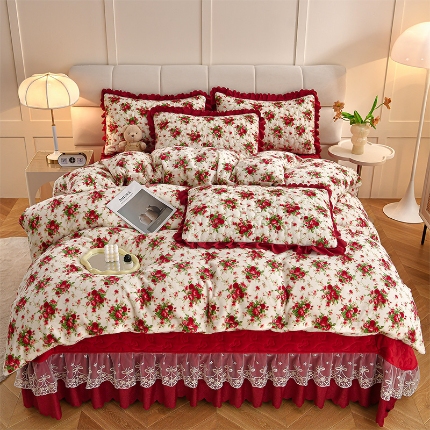 91家纺网 家纺一手货源 找家纺 （总）三友家纺 爆款AB款小清新奶油风牛奶绒印花蕾丝花边床盖床裙四件套 