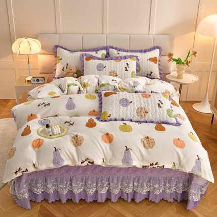 91家纺网 家纺一手货源 找家纺 （总）三友家纺 爆款AB款小清新奶油风牛奶绒印花蕾丝花边床盖床裙四件套 