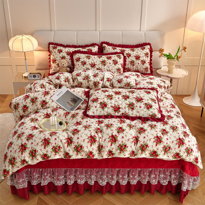 91家纺网 家纺一手货源 找家纺 （总）三友家纺 爆款AB款小清新奶油风牛奶绒印花蕾丝花边床盖床裙四件套 