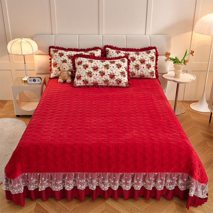 91家纺网 家纺一手货源 找家纺 （总）三友家纺 爆款AB款小清新奶油风牛奶绒印花蕾丝花边床盖床裙四件套 