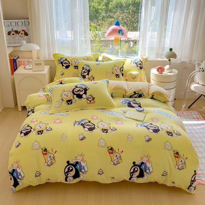 91家纺网 家纺一手货源 找家纺 （总）云恋家纺 2025新款卡通牛奶绒四件套珊瑚法兰绒床单床笠被套儿童床上用品冬季