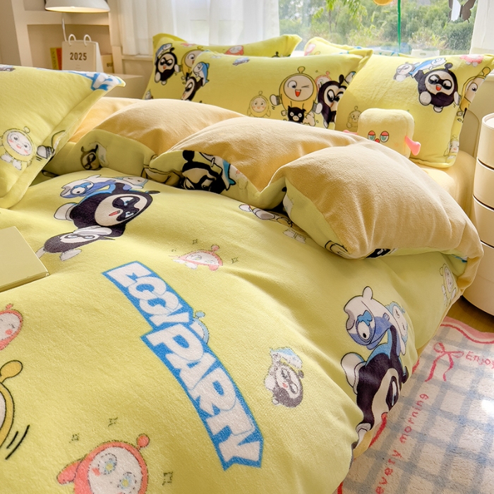 91家纺网 家纺一手货源 找家纺 （总）云恋家纺 2025新款卡通牛奶绒四件套珊瑚法兰绒床单床笠被套儿童床上用品冬季