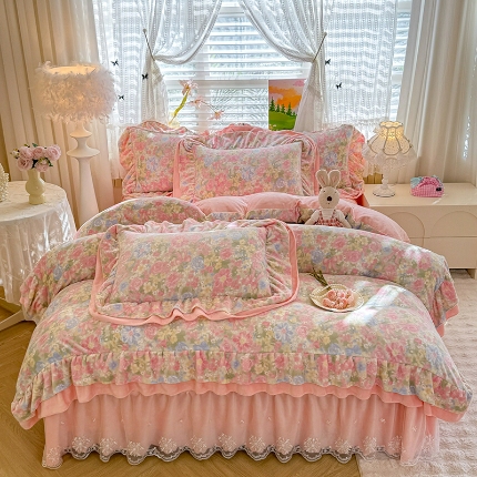 苏米娜2025新款高克重11斤重直播热款双层蕾丝花边全消光牛奶绒印花床盖四件套单床盖床盖三件套 玫瑰恋语 