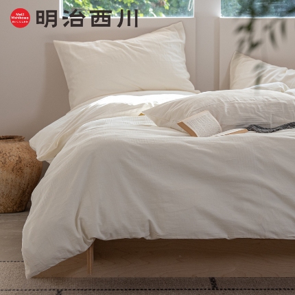 91家纺网 家纺一手货源 找家纺 （总）明治西川  素棉水洗加厚四件套全棉提花日系慵懒风民宿酒店床品纯白YKK拉链