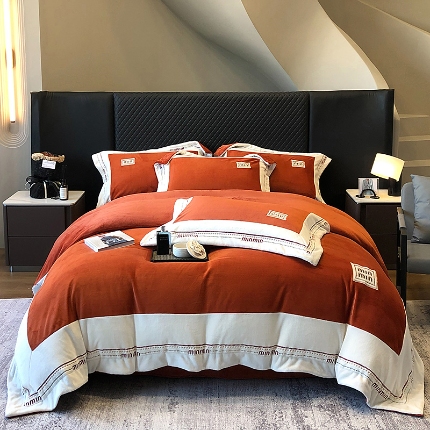 高档手提包9斤重超厚绵密慕斯有肌氧绒刺绣四件套秋冬加厚保暖牛奶绒宝宝绒床上用品 焦糖色-绒缪miu-超柔绵密慕斯有肌氧绒