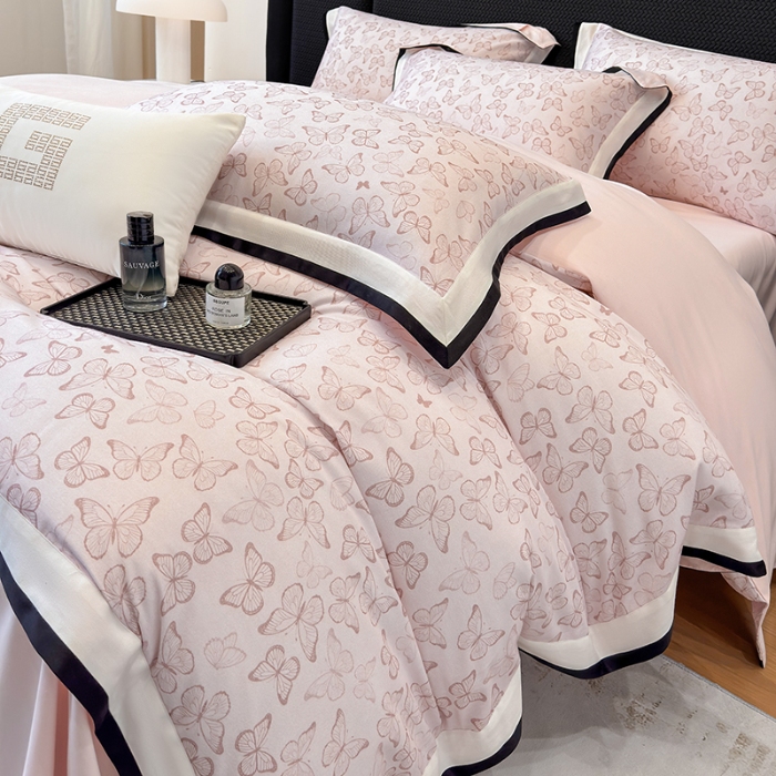 91家纺网 家纺一手货源 找家纺 高档礼盒装超细旦超柔长绒棉磨毛刺绣四件套秋冬加厚100%纯棉全棉床品 藕粉-安缦-A类超细旦长绒棉加厚磨毛