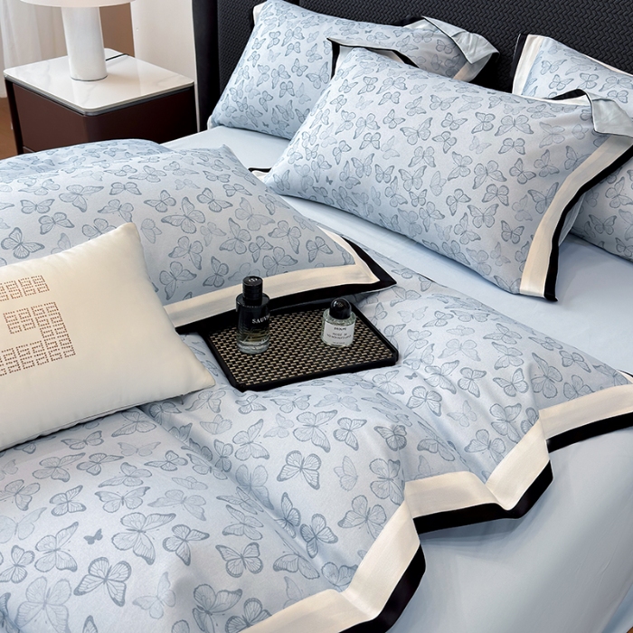 91家纺网 家纺一手货源 找家纺 高档礼盒装超细旦超柔长绒棉磨毛刺绣四件套秋冬加厚100%纯棉全棉床品 蒂芙尼蓝-安缦-A类超细旦长绒棉加厚磨毛