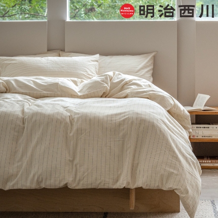 91家纺网 家纺一手货源 找家纺 （总）明治西川 棉麻水洗四件套日系简约条纹风格床单被套YKK拉链